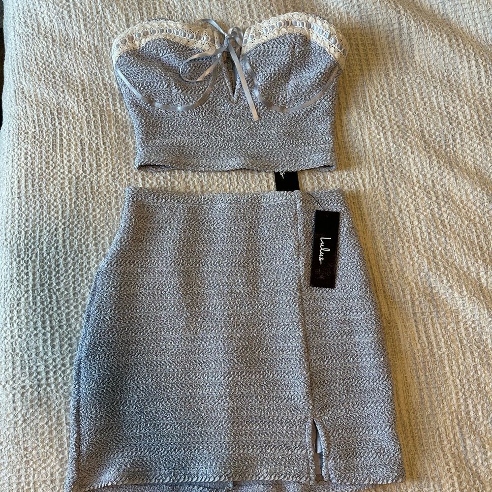 Trendsetting Flirt Light Blue Crinkled Strapless Bustier Bow Two piece set